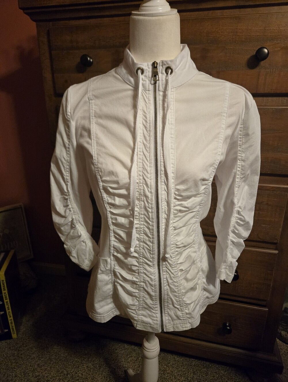 Mind Set By XCVI White Ruched Zip Up Jacket Size L